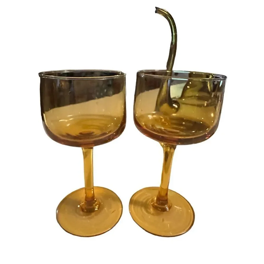 Vintage Cruet Side Spout Amber Glass Decanter  Pitcher Handblown & 2 Glasses MCM
